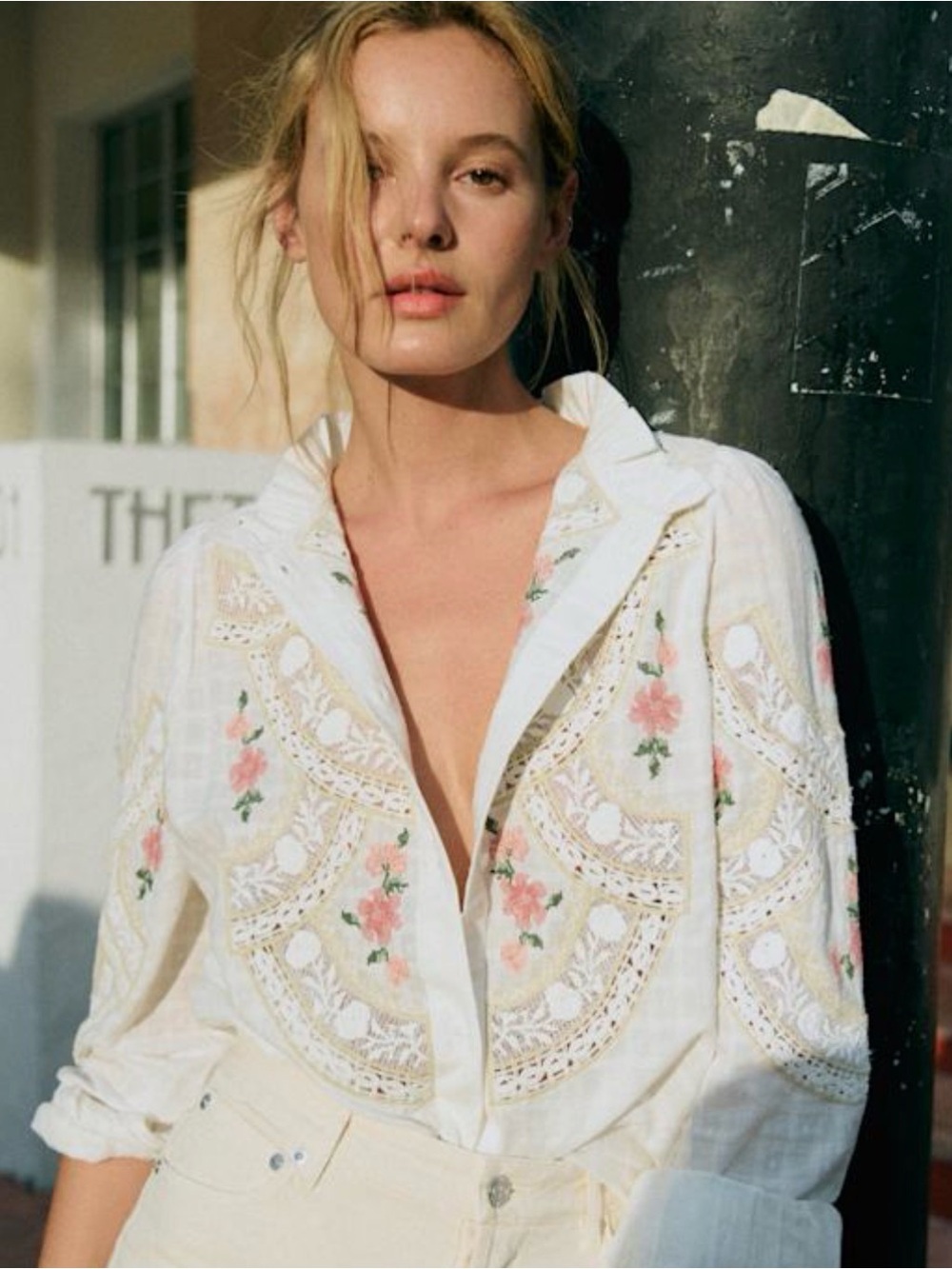Sezane Maggy Shirt - ecru pink Embroidered shirt Size 2 NWT